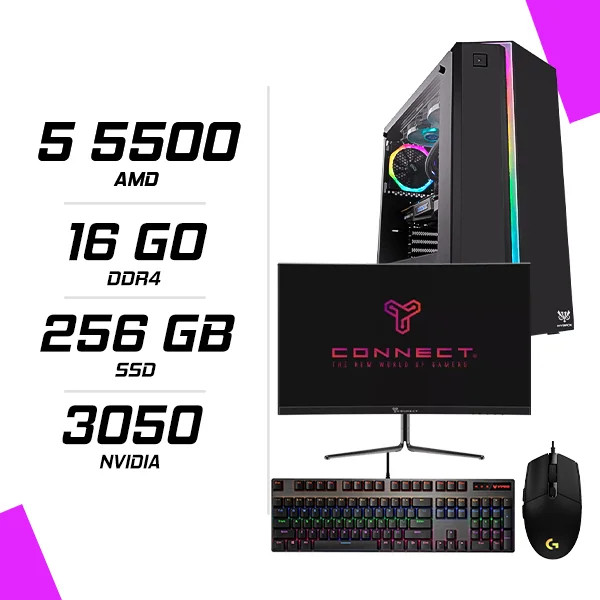 PC Gamer AMD Ryzen 5 5500 RTX 3050 6G + Ecran 24″ + Combo