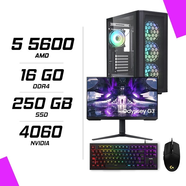 PC Gamer AMD Ryzen 5 5600 RTX 4060 8G + Ecran 24″ 165Hz + Combo