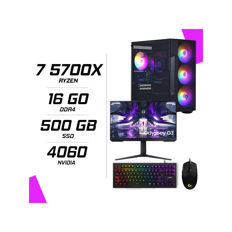 PC Gamer AMD Ryzen 7 5700X RTX 4060 8G + Ecran 24″ 165Hz + Combo