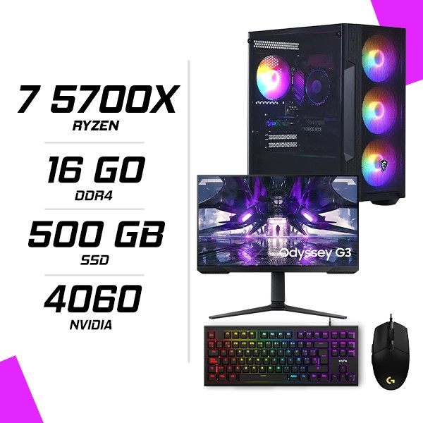 PC Gamer AMD Ryzen 7 5700X RTX 4060 8G + Ecran 24″ 165Hz + Combo