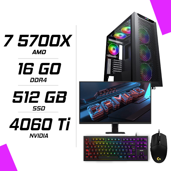 PC Gamer AMD Ryzen 7 5700X RTX 4060 Ti 8GB + Ecran 27″ 170Hz + Combo