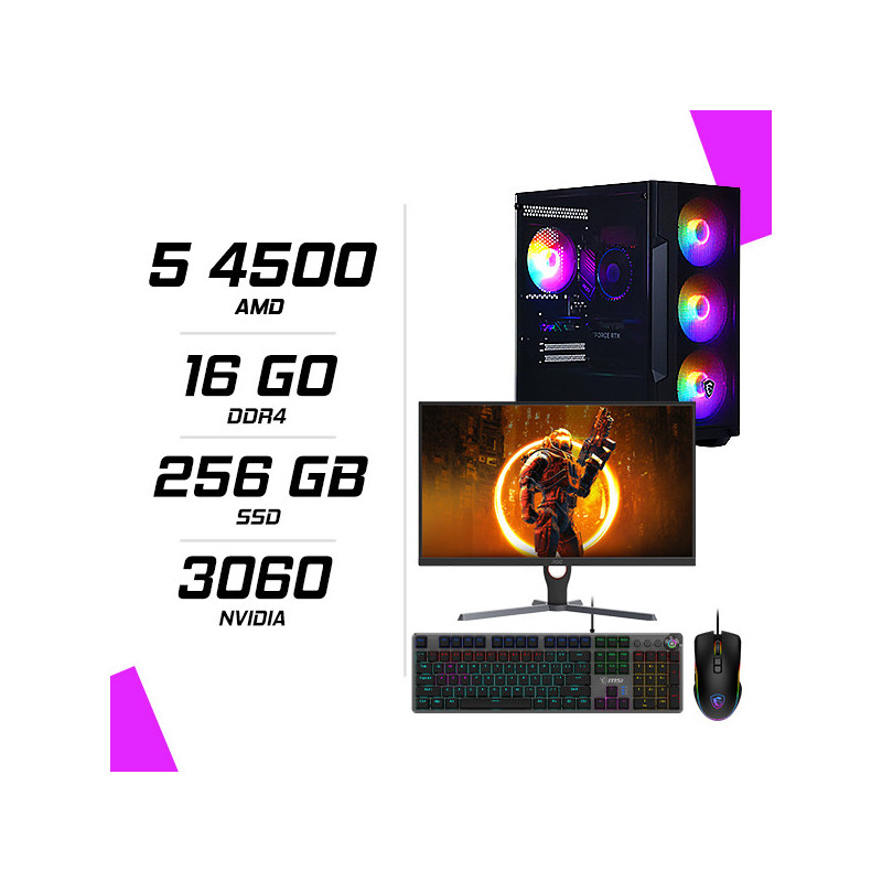 PC Gamer AMD Ryzen 5 4500 RTX 3060 12G + Ecran 23.8" 180Hz + Combo