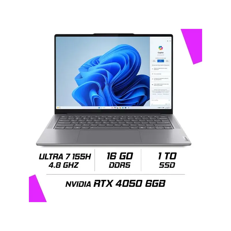 LENOVO Yoga Pro7 14IMH9 Ultra 7-155H 14" 2880x1800 16Go 1To SSD GeForce RT 4050 6GB W11H LUNAGREY 24M LENOVO Yoga Pro7 14IMH9 Ultra 7-155H 14" 2880x1800 16Go 1To SSD GeForce RT 4050 6GB W11H LUNAGREY 24M