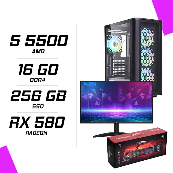 PC Gamer AMD Ryzen 5 5500 RX 580 8GB + AOC 24B36H 23.8" 120Hz + HYBROK HPG200