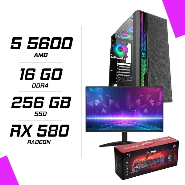 PC Gamer AMD Ryzen 5 5600 RX 580 8GB + AOC 24B36H 23.8" 120Hz + HYBROK HPG200