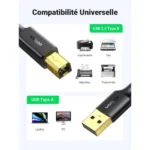 UGREEN Cable Imprimante USB 2.0 A Mâle vers USB B Mâle 1.5M 10350 Prix Maroc Marrakech Rabat Casa